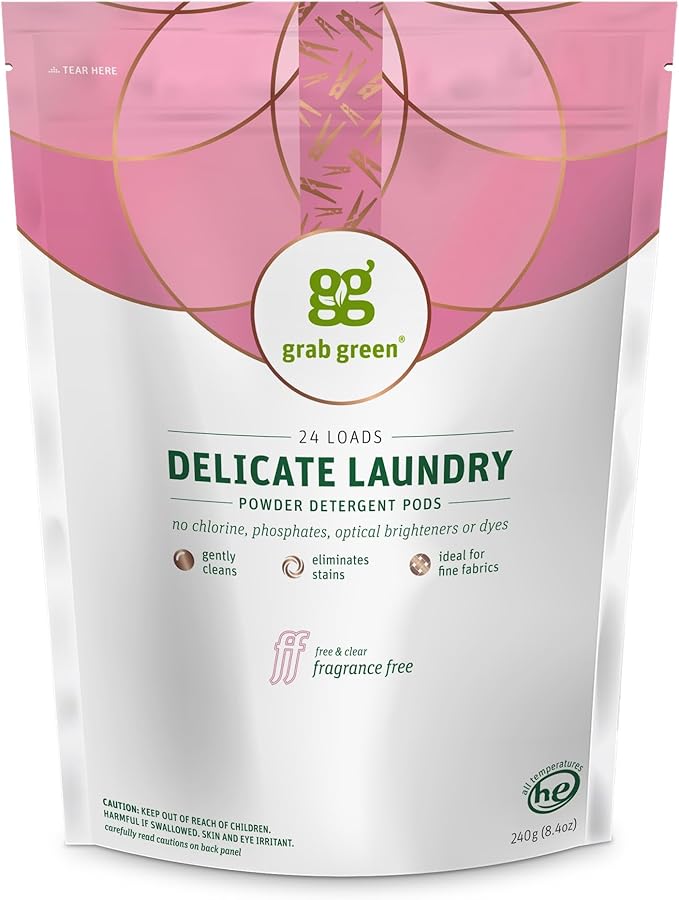Grab Green Natural Delicate Wash Laundry Detergent Pods, Fragrance Free, Unscented/Free & Clear, 24 Loads
