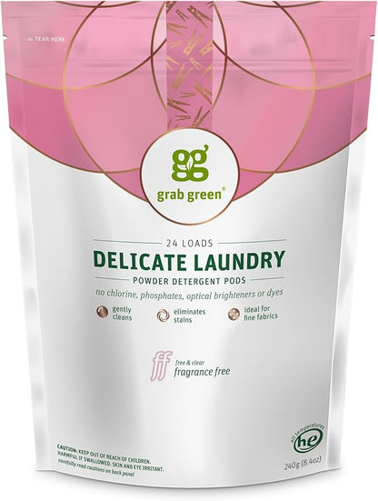 Grab Green Natural Delicate Wash Laundry Detergent Pods, Fragrance Free, Unscented/Free & Clear, 24 Loads