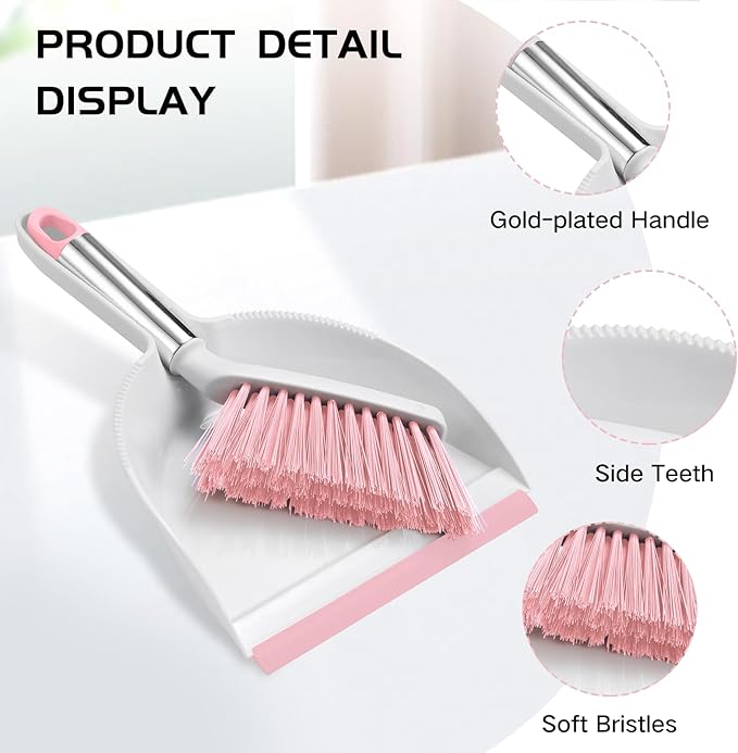 NACENA Mini Broom and Dustpan Set 2 Packs, Small Dust Pan and Brush Set with Handle Dustpan Teeth for Cleaning Hair Suitable for Office Desks Drawers Sofas Outdoor Camping, Pink