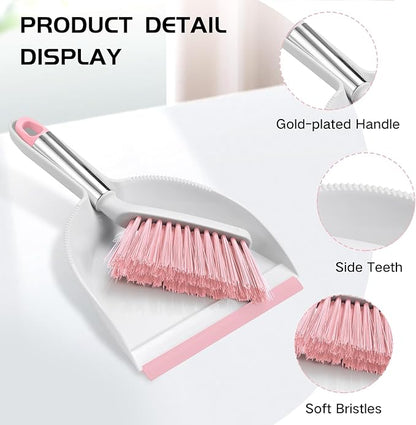NACENA Mini Broom and Dustpan Set 2 Packs, Small Dust Pan and Brush Set with Handle Dustpan Teeth for Cleaning Hair Suitable for Office Desks Drawers Sofas Outdoor Camping, Pink