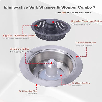 Kitchen Sink Drain Strainer 3 in 1, 304 Stainless Steel Pop Up Sink Stopper, Anti-Clogging Sink Stopper, Kitchen Drain Catcher, Food Catcher for US Standard (Silver Brushed 2#)