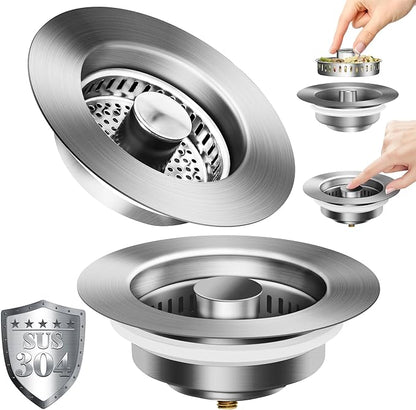 2PCS 3-in-1 Kitchen Sink Drain Strainer with Pop-Up sink stopper - 304 Stainless Steel Drain Filter & Anti-Clog Basket, Universal Fit for US Standard 3.5" Kitchen Drain