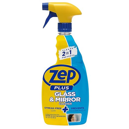 Zep Plus Glass & Mirror Foaming Cleaner 32 oz (2 Units) and a Blue Microfiber Rag ECBD025-2-Pack Ammonia-Free Anti-Fog Streak-Free Mirror and Glass Cleaning with a Reusable Rag