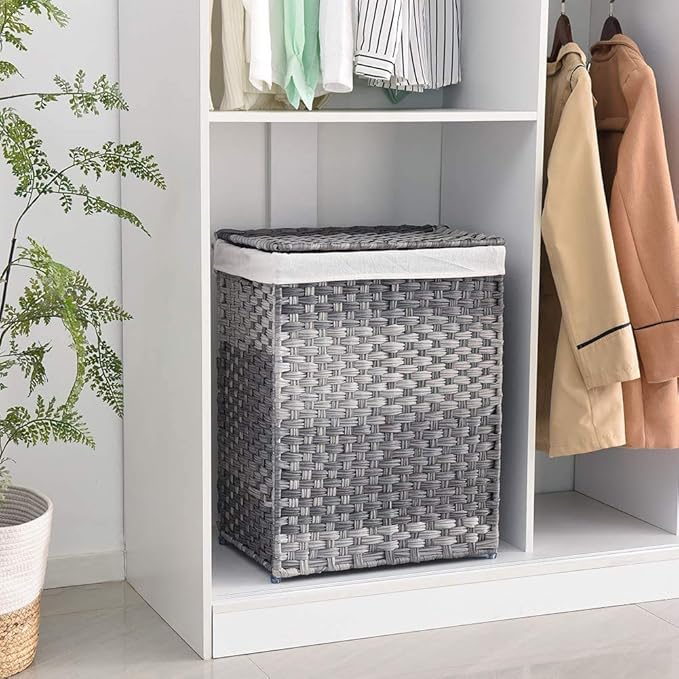 Mxfurhawa Slim Laundry Basket on Wheels, Heavy Duty Cotton Liner Laundry Storage Hamper with Handles, Collapsible Clothes Wire Basket Organizer Laundry Bag (2PCS-02A)