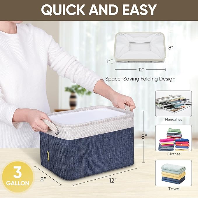 BALEINE 2 Pack Fabric Closet Storage Bins for Shelves, Linen Closet Organizers and Storage, Decorative Baskets for Organizing, Shelf, Clothes, Home, Office (Navy Blue, 12"x8"x8")