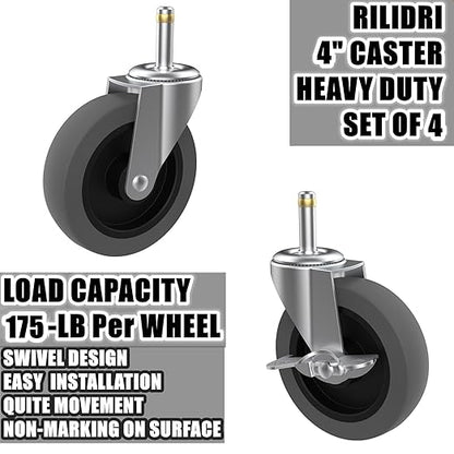 4-Inch Swivel Stem Caster for Rubbermaid Mop Bucket Utility Cart, 7/16-Inch Stem Diameter Rubber Wheel Set of 4, Heavy Duty TPR Weber Grills Shop Vac Replacement Wheels