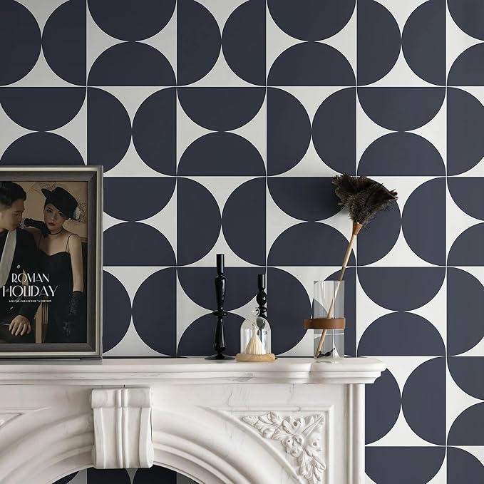 Dimoon 236"x17.3"Peel and Stick Wallpaper Geometric Contact Paper Vintage Navy Blue Beige Wall Paper Removable Square Waterproof Self Adhesive Wall Covering for Bedroom Shelf Liner Decal Vinyl Roll