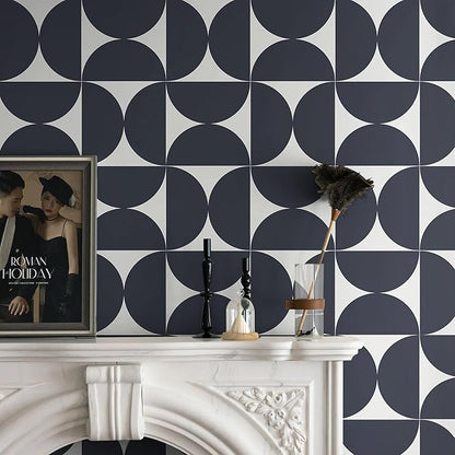 Dimoon 236"x17.3"Peel and Stick Wallpaper Geometric Contact Paper Vintage Navy Blue Beige Wall Paper Removable Square Waterproof Self Adhesive Wall Covering for Bedroom Shelf Liner Decal Vinyl Roll