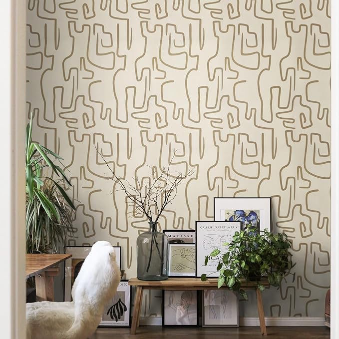 Ismoon 17.3"X78.7" Wallpaper Peel and Stick Modern Gold Peel and Stick Wallpaper Abstract Scribbles Wall Paper Removable Self-Adhesive Waterproof Wall Paper for Bathroom Decoration Vinyl Film Roll