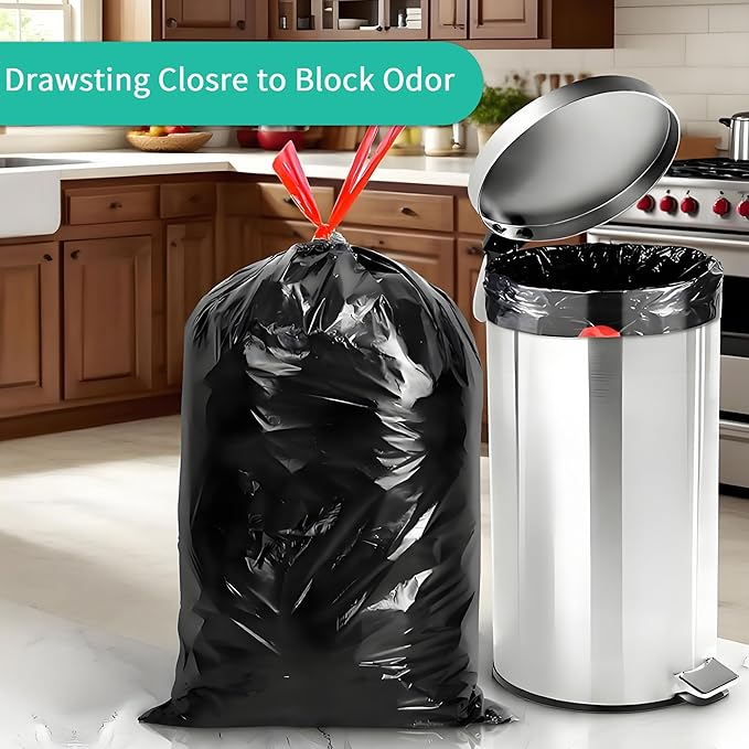 Tear-Free Trash Bags 13 Gallon,Black Drawstring Kitchen Garbage Bags,13+ Gallon Tall Kitchen Trash Bag Unscented,Large Bathroom Garbage Bag (100)
