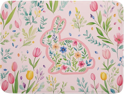 Spring Easter Bunny Flowers Pink Dish Drying Mat 18 x 24 Inch With Absorbent Reversible Microfiber Butterfly Tulip Floral Rabbit Holiday Drying Mats Fast Dry Pad Draining Mat For Kitchen Countertop