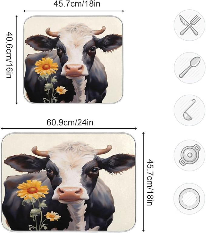 Dish Drying Mat Kitchen Counter Absorbent Flower Cow Coffee Sink Mat Dish Drainer Pad 18 Inch x 24 Inch