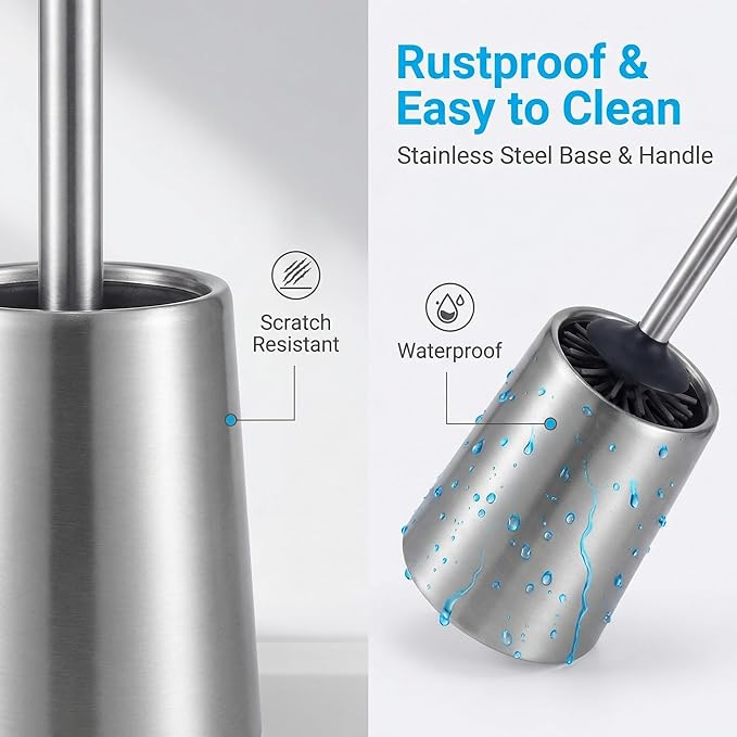 SUS304 Stainless Steel Toilet Brush and Holder Set Toilet Brush Case Cleaner for Toilet Bowl Bathroom Cleaning Brush Caddy Cepillo de Baño wih Oily Coating Brushed Stainless Silver