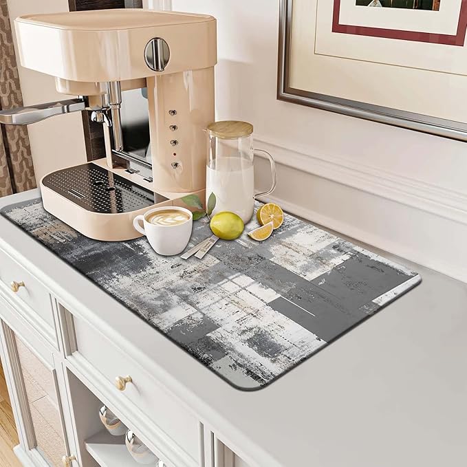 MCALK Dark Grey Dish Drying Mat for Kitchen Counter, Black Dish Drying Pad with Anti-Slip Rubber Base, Absorbent Kitchen Sink Mat with Abstract Art Decor (1 pc 18" x 16")