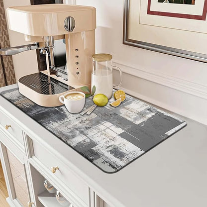 MCALK Dark Grey Dish Drying Mat for Kitchen Counter, Black Dish Drying Pad with Anti-Slip Rubber Base, Absorbent Kitchen Sink Mat with Abstract Art Decor (1 pc 18" x 16")