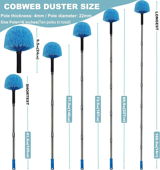 12 Ft Duster, Cobweb Duster with Extension Pole, Medium Stiff Bristles Cobweb Duster Head & 12-Feet Stainless Steel Pole Ceiling Fan Duster with Universal Joint for Outdoor Indoor Cleaning