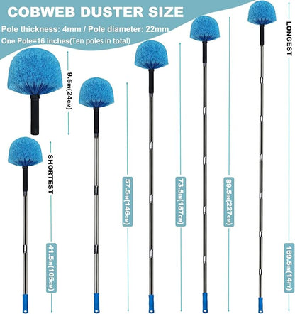 12 Ft Duster, Cobweb Duster with Extension Pole, Medium Stiff Bristles Cobweb Duster Head & 12-Feet Stainless Steel Pole Ceiling Fan Duster with Universal Joint for Outdoor Indoor Cleaning