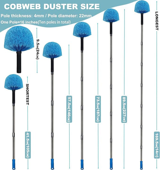 12 Ft Duster, Cobweb Duster with Extension Pole, Medium Stiff Bristles Cobweb Duster Head & 12-Feet Stainless Steel Pole Ceiling Fan Duster with Universal Joint for Outdoor Indoor Cleaning