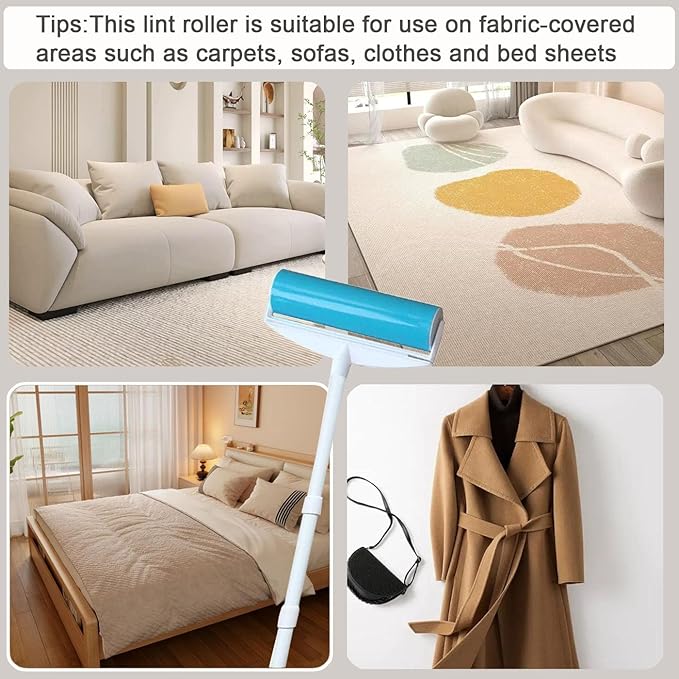 Large Reusable Lint Rollers, Washable Lint Roller 8 inches Cat Dog Pet Hair Remover with 3 Extendable Handle,Long Handle Sticky Lint Remover Brush Set for Cleaning Couch, Carpet, Floor, Sofa