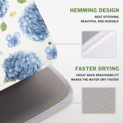 Spring Summer Hydrangea Dish Drying Mat for Kitchen Counter 16 x 18 Inch Blue Floral Dish Drainer Mat Absorbent Microfiber Dish Rack Pad for Holiday Coffee Dining Bar Decor