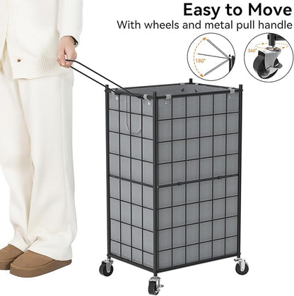 WOWLIVE Laundry Hamper with Wheels,Metal Wire Frame Rolling Laundry Basket with Removable bag,100L Dirty Clothes Hamper Organizer Dorm Room Storage for Bedroom,Bathroom,Grey