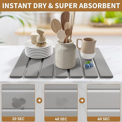 Stone Dish Drying Mat for Kitchen Counter,15.5''x11.8'' Foldable Quick Dry Stone Kitchen Mat,Eco-Friendly,Absorbent Diatomaceous Earth Mats for Dishes Bottles Cups Bathroom Any Countertop-Light Gray