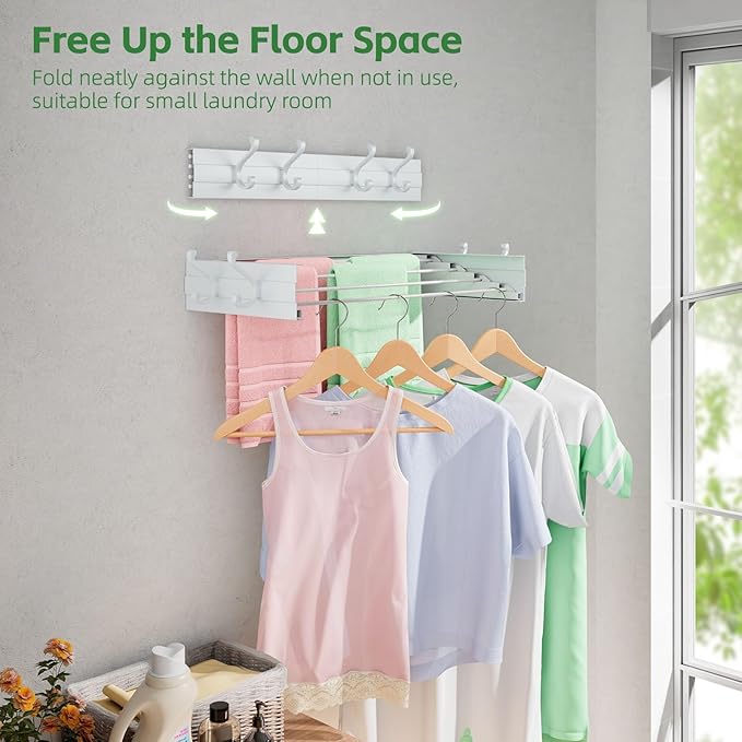 Wall Mounted Clothes Drying Rack for Laundry 23.6", Folding Clothes Drying Rack with 4 Towel Hooks and 4 Rods for Hanging Coat Dedicates, Space Saving for Bedroom Bathroom Balcony Living Room (23.6'')