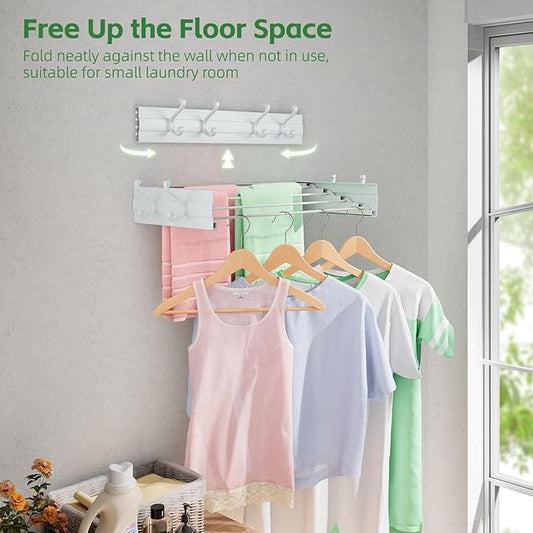 Wall Mounted Clothes Drying Rack for Laundry 23.6", Folding Clothes Drying Rack with 4 Towel Hooks and 4 Rods for Hanging Coat Dedicates, Space Saving for Bedroom Bathroom Balcony Living Room (23.6'')