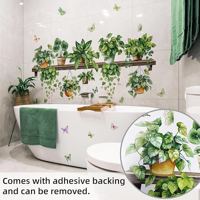 2 Sheets Potted Green Plants Wall Stickers & Murals Peel and Stick Removable Wall Decals Living Room Vinyl 3D Wall Stickers for Bedroom Bathroom Cabinet Vine Wall Clings Decor with Butterflies
