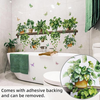 2 Sheets Potted Green Plants Wall Stickers & Murals Peel and Stick Removable Wall Decals Living Room Vinyl 3D Wall Stickers for Bedroom Bathroom Cabinet Vine Wall Clings Decor with Butterflies