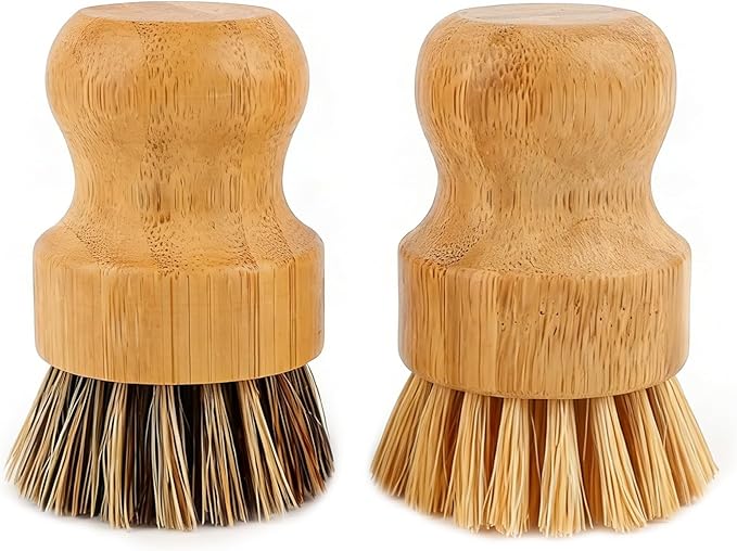 AUEAR, Natural Bamboo Dish Scrub Brush Cleaning Pot Scrubber Brushes Coconut Bristles for Cast Iron Skillet Pots Pans (2 Pack, 2 Colors)