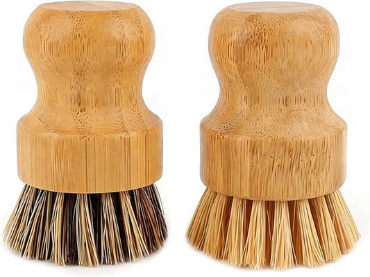 AUEAR, Natural Bamboo Dish Scrub Brush Cleaning Pot Scrubber Brushes Coconut Bristles for Cast Iron Skillet Pots Pans (2 Pack, 2 Colors)
