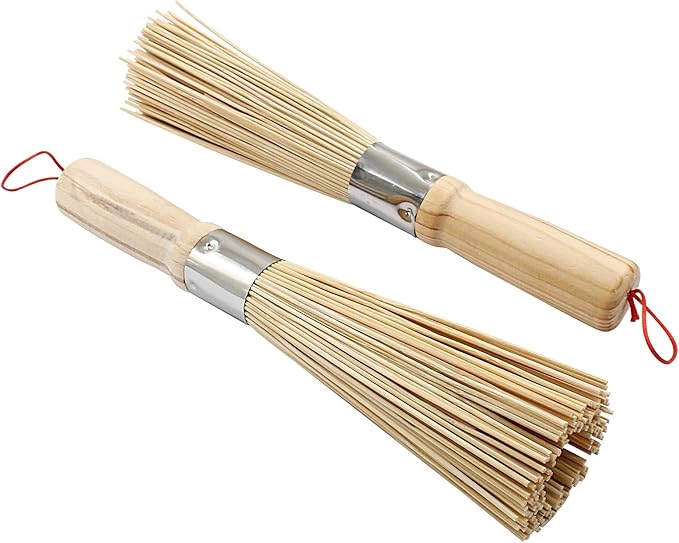 2 Pack Natural Bamboo Wok Brush, Traditional Kitchen Pan Cleaning Brush Bamboo Scrubber Scrub Brush Bamboo Pot Brush, 10-Inch Length