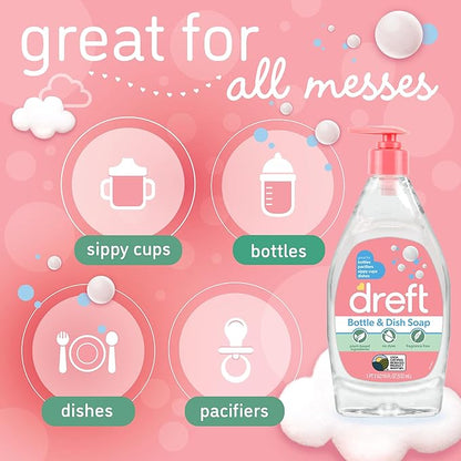 Dreft Baby, Bottle and Dish Soap, Removes Milk Film & Odor, Plant Based, Fragrance Free, Travel Size Bottles, 24 Fl Oz (Pack of 2)