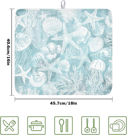Summer Sea Shell Drying Mat 18x16 Inch, Teal Starfish Drying Mat with Absorbent Reversible Microfiber, Coastal Dish Drainer Mats Holiday Ocean Rack Pad for Coffee Countertop Kitchen Protector