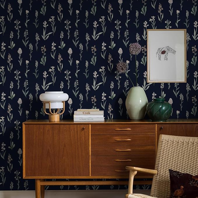 Wudnaye Dark Blue Peel and Stick Wallpaper Dark Floral Contact Paper 16.9in×118.1in Self Adhesive Flower and Leaf Contact Paper Blue Wallpaper White Vintage Removable Waterproof for Bathroom Room Wall