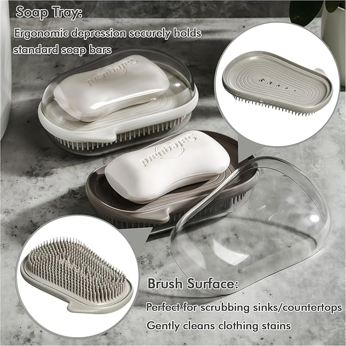 Travel Soap Holder Bar Soap Dish Shower Soap Saver Case Container Box for Bathroom Camping Gym Vonpri (Grey, with Brush)
