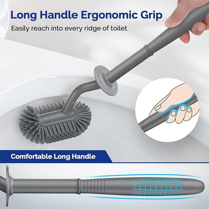 HAMITOR Toilet Bowl Brush Holder Set: Silicone Toilet Cleaner Brush with Curved Design Deep Cleaning Compact Hidden Scrubber for Bathroom Small Space - Modern Rv Toilet Decor Accessories - Gray