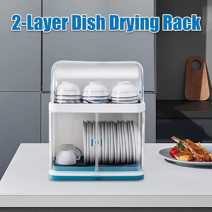 2-Layer Kitchen Dish Rack Drain Bowl Cup Plate Dish Drying Drainer with Cover
