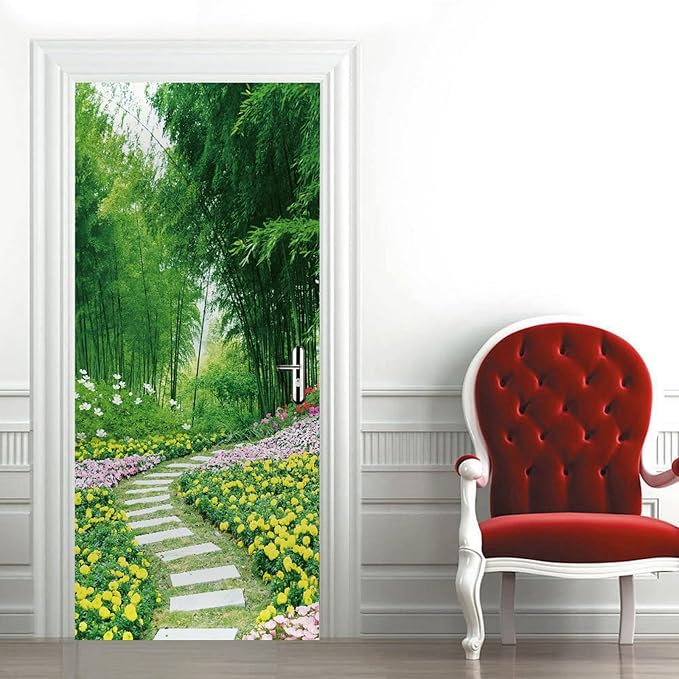 A.Monamour 3D Door Stickers for Interior Doors Garden Scenery with Flowers Trees and Path Nature Scenery Vinyl Waterproof Self Adhesive Door Mural Decals for Bedroom Office Bathroom 95x215cm