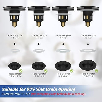 Hibbent All Metal 2 in 1 Bathroom Sink Stopper, Universal Pop Up Drain Strainer, Brass Bullet Core Push Type Sink Stopper for 1.1''~2.3'' Basin, Big Push Button, Anti Clogging Filter, Matte Black