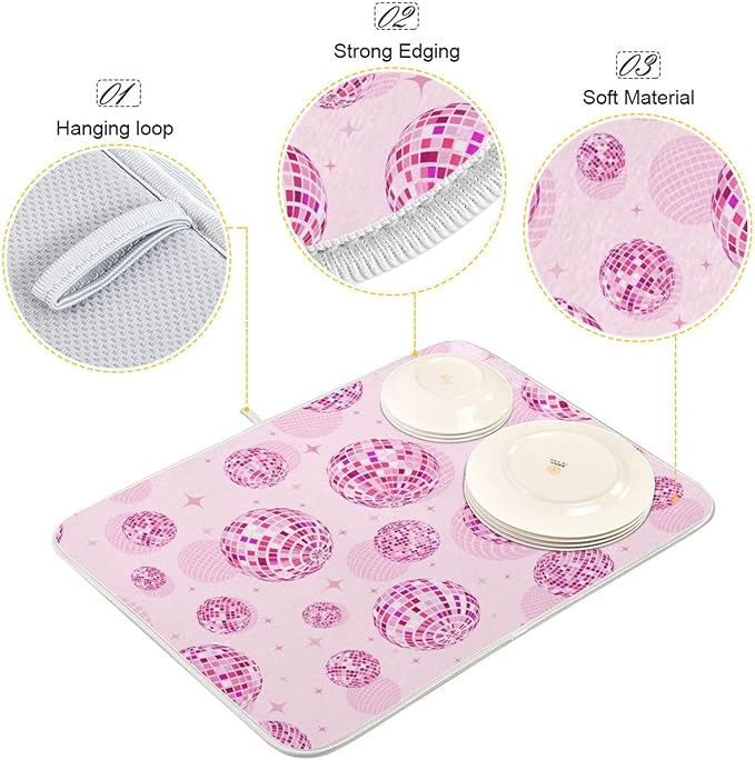 Disco Balls Pink Dish Drying Mat for Kitchen Counter Absorbent Microfiber Drying Pad, Medium 16x18 in, Reversible Drainer Mats