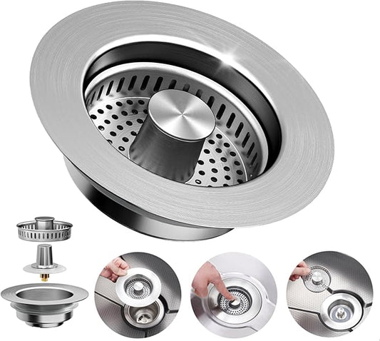3-in-1 Kitchen Sink Drain Strainer - Pop Up Sink Stopper, Stainless Steel Sink Drain Strainer, Kitchen Sink Stopper & Drain Plug with Anti-Clogging Basket,Sink Strainer Fits US Standard 3-1/2'' Drains