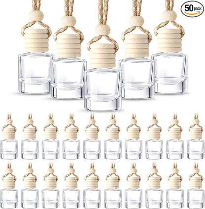 BBTO 50 Pcs Hanging Car Air Freshener Car Diffuser Bottles Empty Glass Perfume Bottle Freshener Diffuser Bottle Pendant for Essential Oil Fragrance Aromatherapy Ornament (Cylinder)