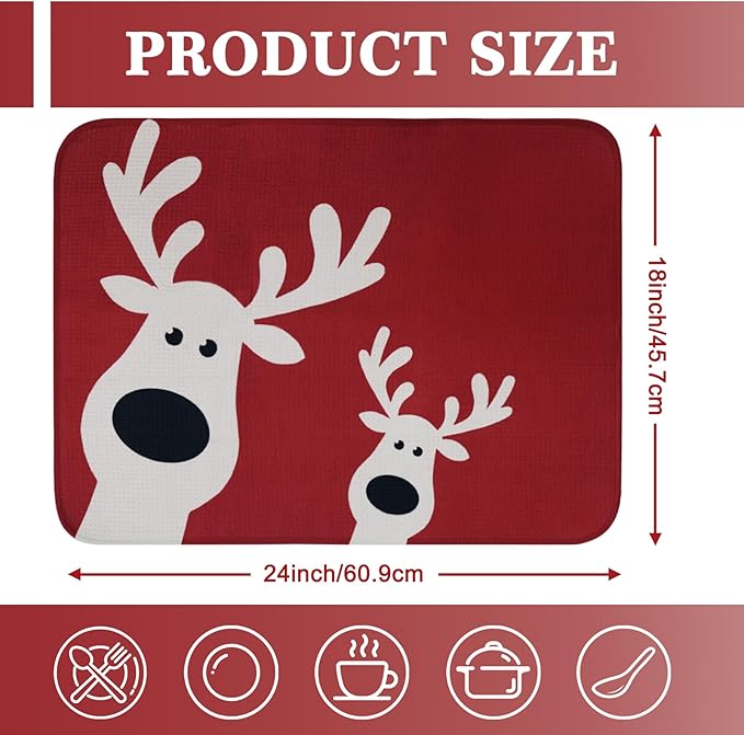 Christmas Dish Drying Mat, Ultra Absorbent Microfiber Dish Drainer Mat Christmas Reindeer Drying Mats for Kitchen Counter, Coffee Maker, Tableware Decor, 18 x 24 Inch