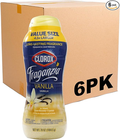 Clorox Fraganzia Laundry Scent Booster Crystals, In-Wash Fragrance Beads for Fresh-Smelling Clothes & Linens, Safe for All Fabrics & Colors, Easy-Pour Bottle, Vanilla Scent, 70 Oz - 6 Pack