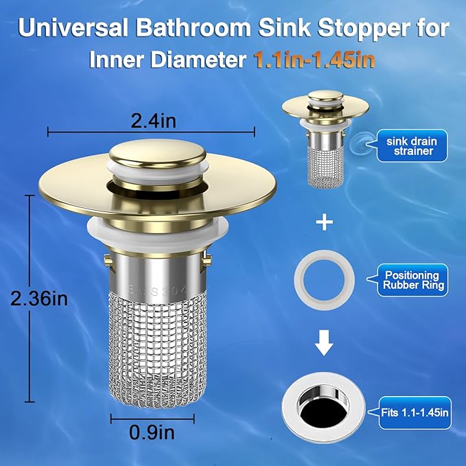 Sink Stopper Hair Catcher,(4PCS) Pop-up Sink Drain Strainer with Removable Stainless Steel Strainer Basket Hair Catcher, Bathroom Sink Strainer for Bathroom Sink Stopper Replacement (4, Brushed Gold)