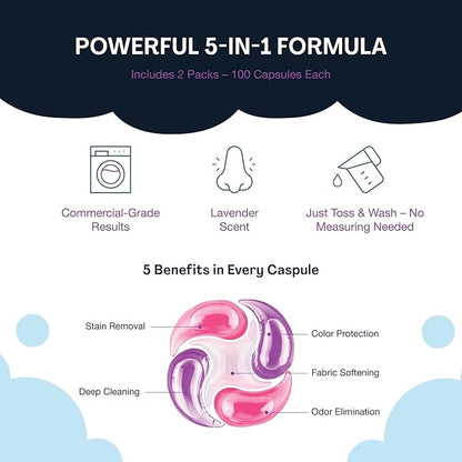 PowerPax 5-in-1 Commercial Laundry Detergent Capsules for Vending Machine, Lavender, 100 Count in 2 Packs – Stain Remover, Odor Eliminator, Color Booster, Fabric Softener for Coin Vend Laundromat Use