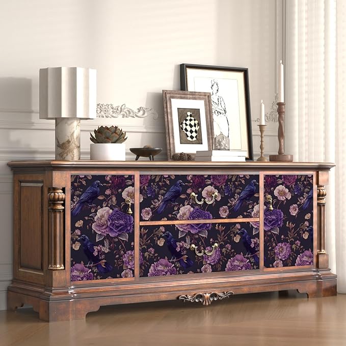 Dark Crow Birds Peel and Stick Wallpaper, Purple Raven Floral Contact Paper 17.5" x 393", Vintage Witchy Wall Paper Self Adhesive Removable Waterproof for Bathroom Bedroom Shelf Cabinet Drawer Table