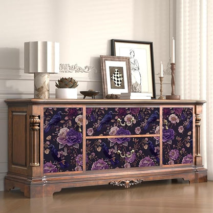 Dark Crow Birds Peel and Stick Wallpaper, Purple Raven Floral Contact Paper 17.5" x 393", Vintage Witchy Wall Paper Self Adhesive Removable Waterproof for Bathroom Bedroom Shelf Cabinet Drawer Table